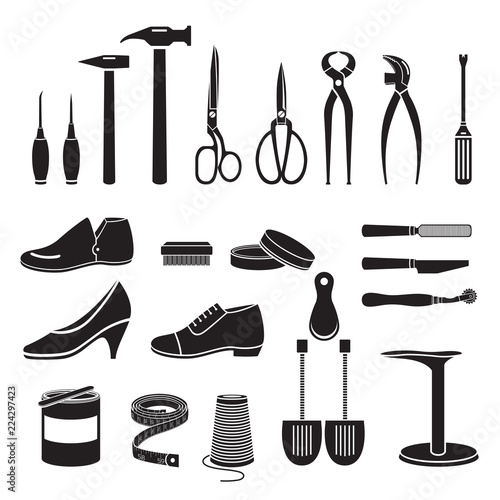 Set Of Shoes Repair Tool And Shoes Accessories, Monochrome, Footwear, Fashion, Objects