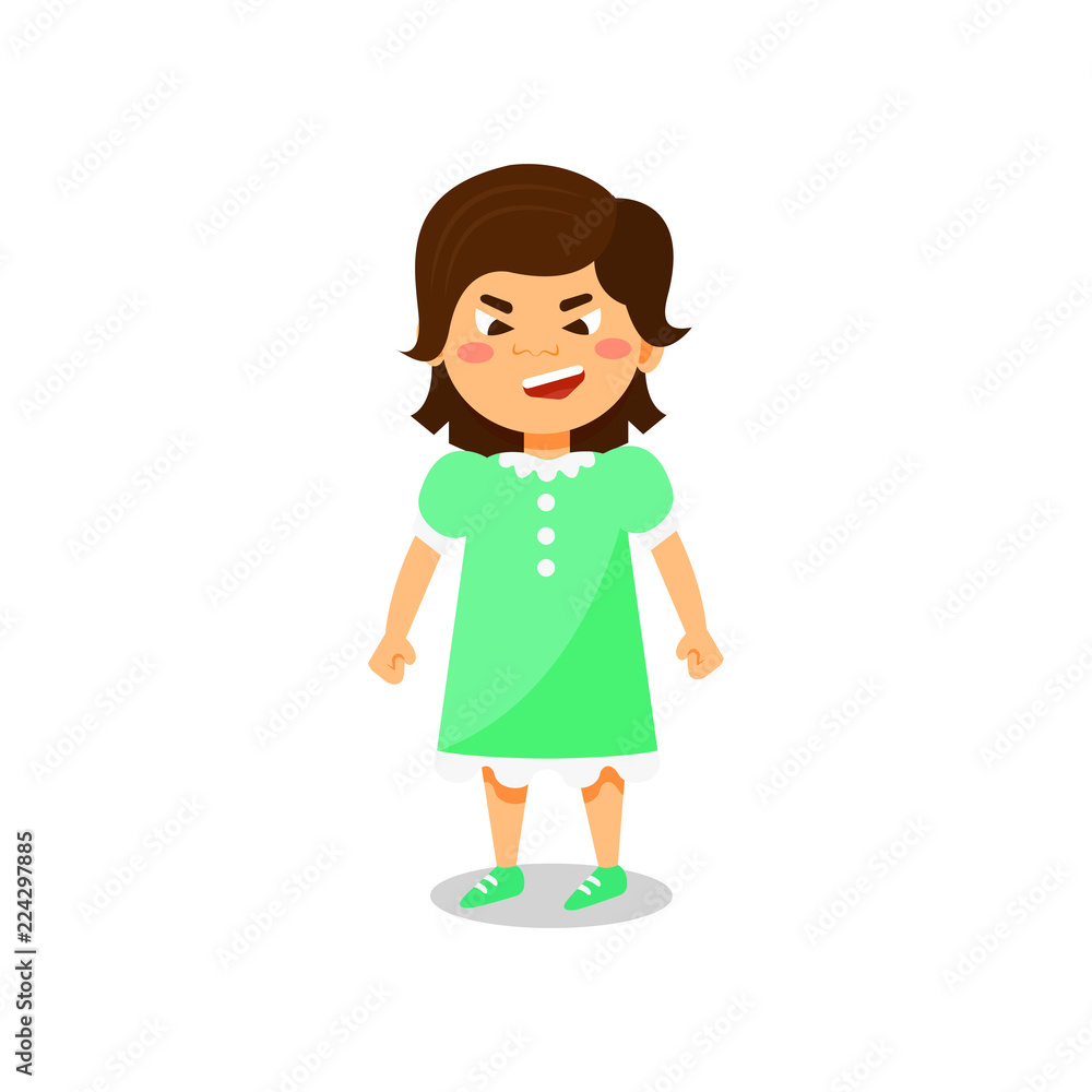 Angry little girl standing, kids negative emotions vector Illustration on a white background Angry little girl standing, kids negative emotions vector Illustration on a white background