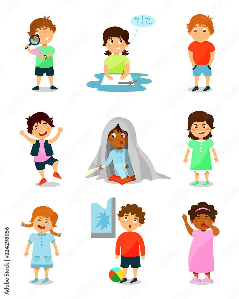 Cute little kids with different emotions set, thinking, happy, scared, angry, crying and sleepy boys and girls vector Illustrations on a white background