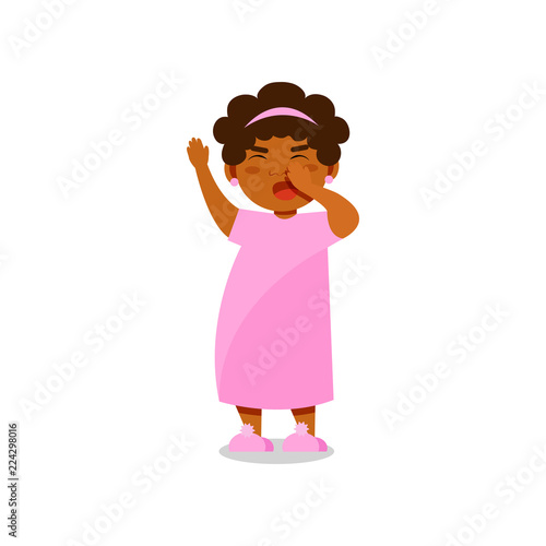 Cute little girl in pink pajamas yawning vector Illustration on a white background