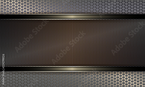 Geometric background with metal grille and frame with shiny edging.