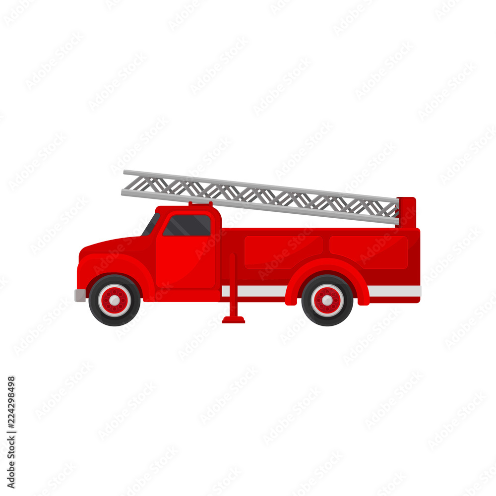 Red fire truck with ladder, emergency vehicle, side view vector Illustration on a white background Red fire truck with ladder, emergency vehicle, side view vector Illustration on a white background