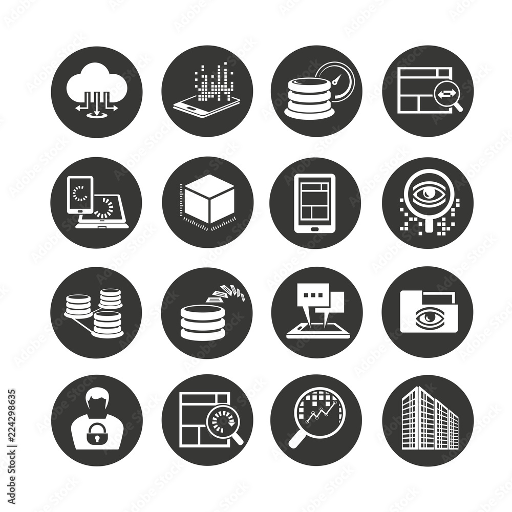 big data and network icon set in circle button big data and network icon set in circle button