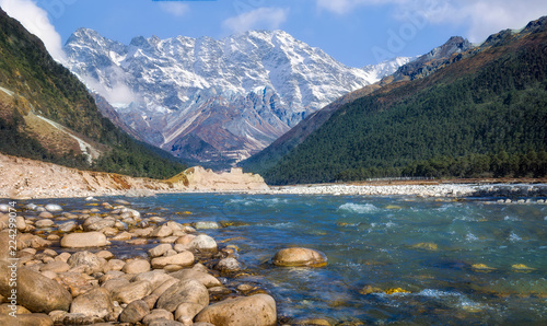 Yumthang river valley at North Sikkim India with view of the Himalayan range