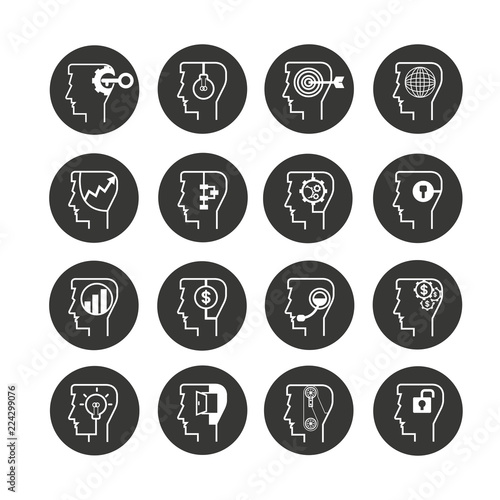 head icons, creative thinking icon set in circle button