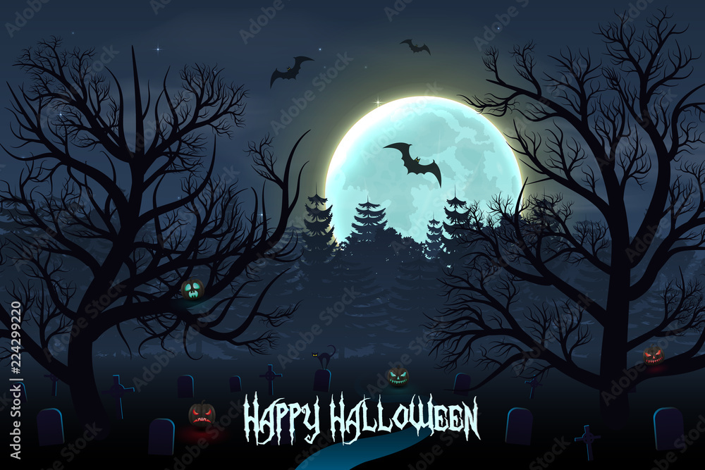 Happy Halloween background with graveyard, trees and moon