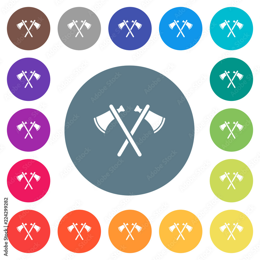 Two tomahawks flat white icons on round color backgrounds Two tomahawks flat white icons on round color backgrounds
