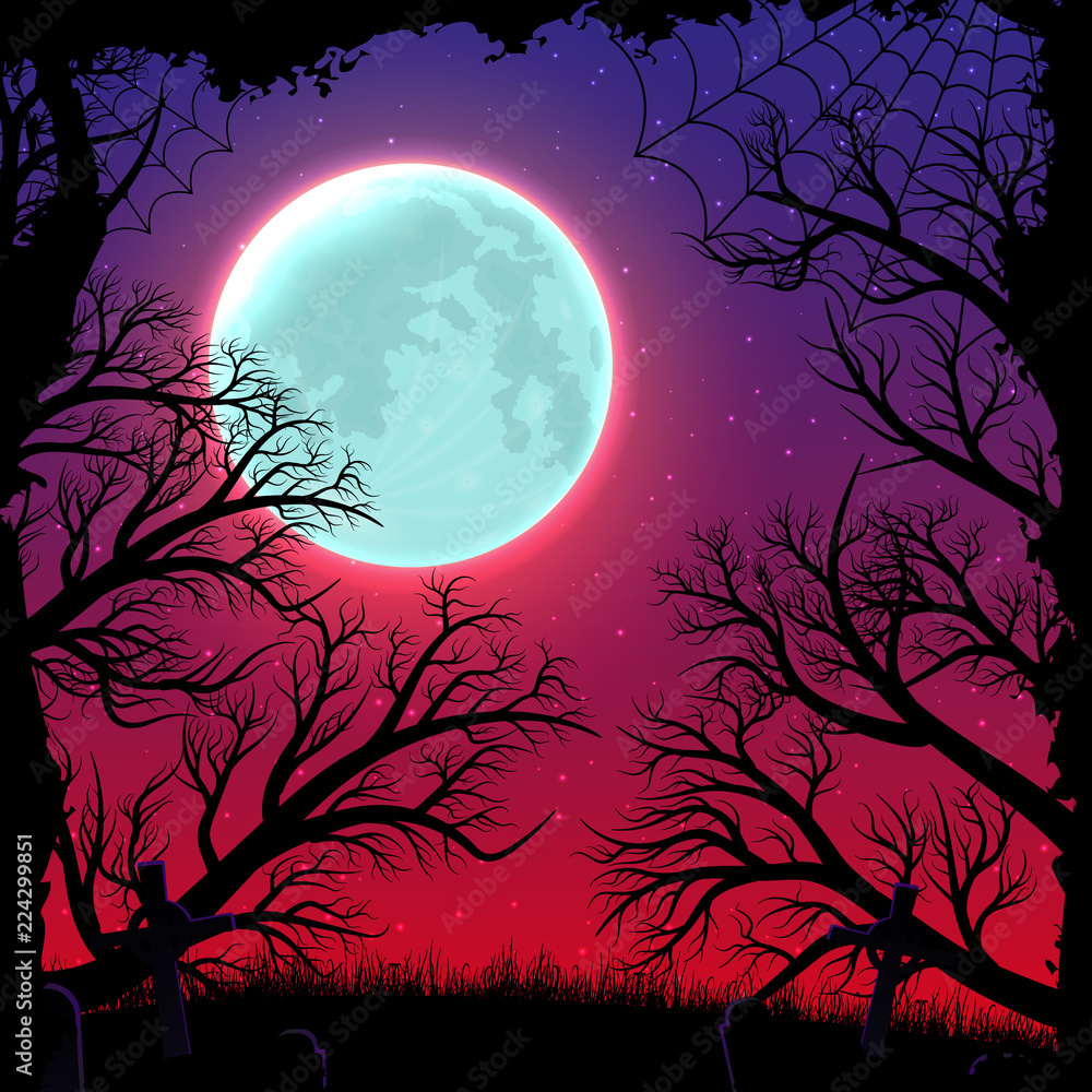 Happy Halloween night background with moonlight and forest silhouette