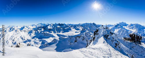 Winter panorama landscape from Mont Fort and famous Matterhorn, Dent d'Herens, Dents de Bouquetins, Weisshorn; Tete Blanche in the background, Verbier, 4 Valleys, photo