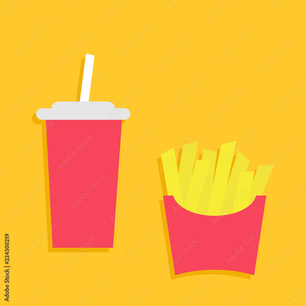 French fries potato in a paper wrapper box icon. Soda drink glass with straw. Fried potatoes. Fast food menu. Flat design. Yellow background. Isolated. French fries potato in a paper wrapper box icon. Soda drink glass with straw. Fried potatoes. Fast food menu. Flat design. Yellow background. Isolated.