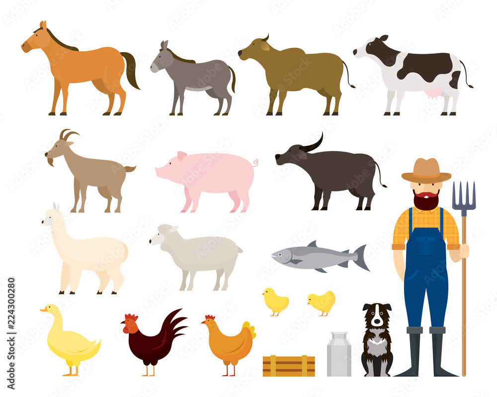 Farm Animals Set with Farmer and Dog