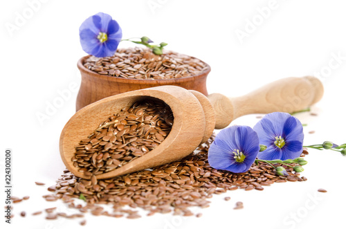 Flax seeds in the wooden scoop and bowl, beauty flowers isolated on white background.