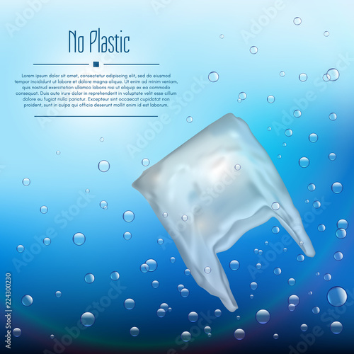 3D realistic plastic bag that pollutes the ocean. Bubbles in the water with the waste.