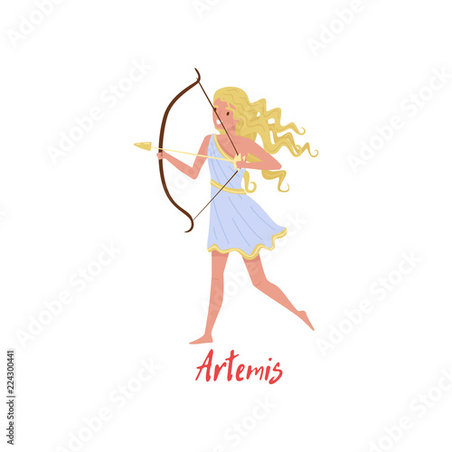 Artemis Olympian Greek Goddes, ancient Greece myths cartoon character vector Illustration on a white background