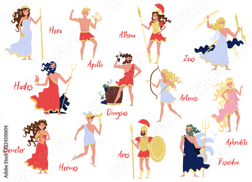 Olympian Greek Gods set, Hera, Dionysus, Zeus, Demetra, Hermes, Ares, Artemis, Aphrodite, Poseidon, ancient Greece myths cartoon characters vector Illustration on a white background