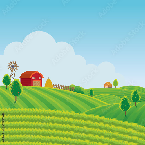 Farm on Hill with Green Field Background