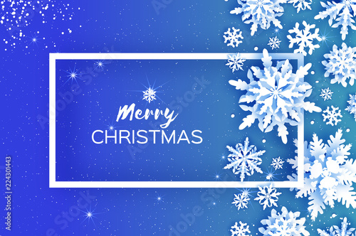 Merry Christmas and Happy New Year Greetings card. White Paper cut snowflakes. Origami Winter Decoration background. Seasonal holidays. Snowfall. Rectangle frame. Space for text. Blue