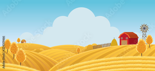 Farm on Hill with Yellow or Gold Field Background