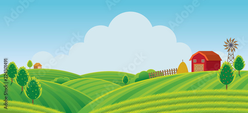 Farm on Hill with Green Field Background