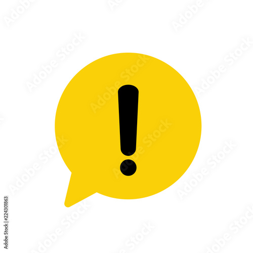Yellow hazard warning attention sign with exclamation mark symbol in a speech bubble icon vector illustration