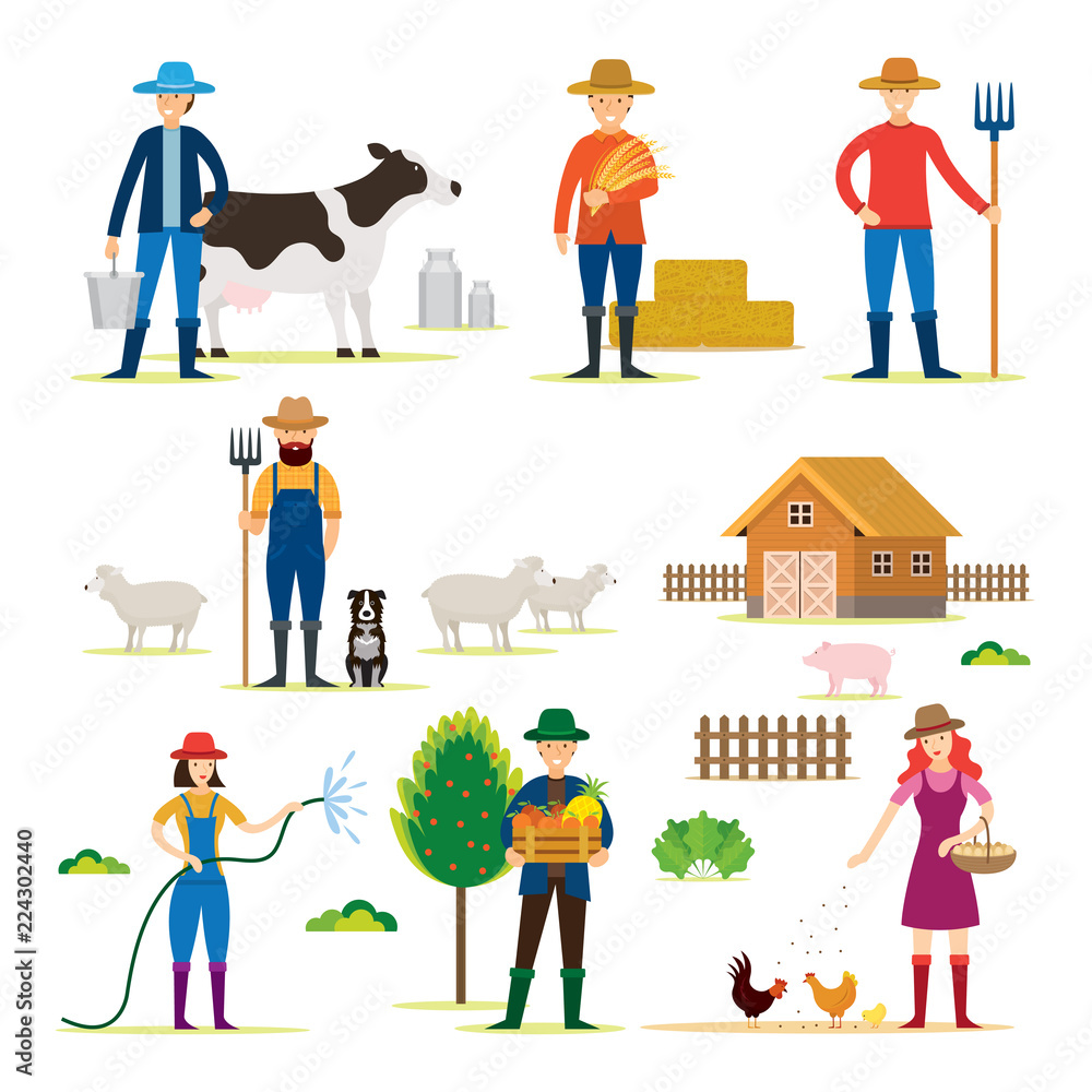 Fototapeta premium Farmer, Gardener, Characters with Agriculture Product Set