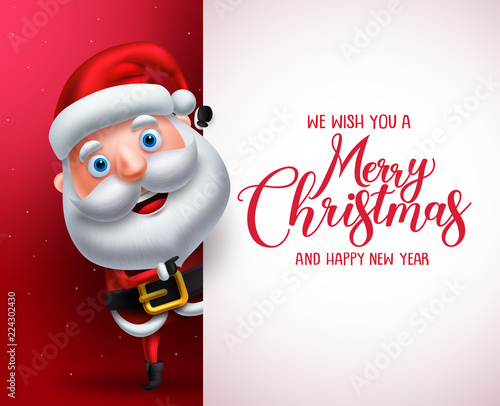 Santa claus vector character showing white board with merry christmas greeting. Christmas background template with space for text vector illustration.
