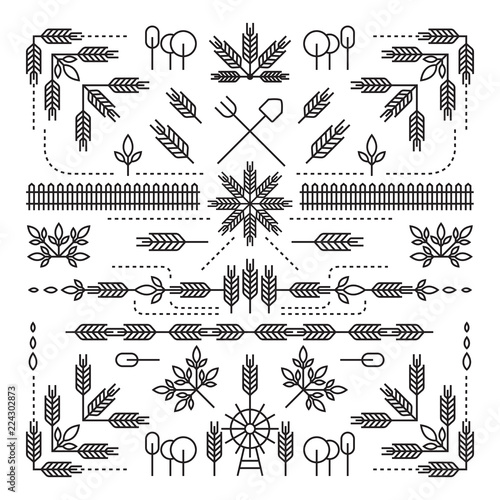Line Style Design Element Set, Farm Concept, Wheat, Barley, Rice, Tree, Leaves