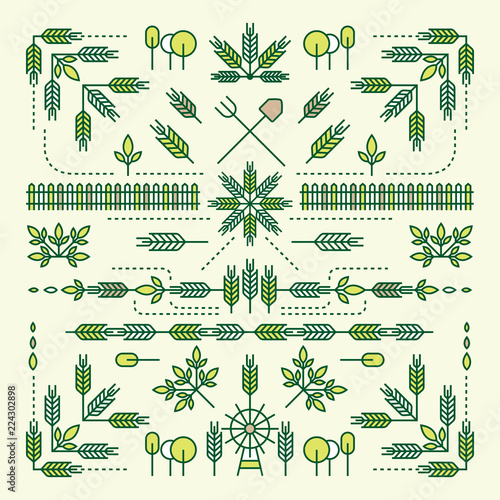 Line Style Design Element Set, Farm Concept, Wheat, Barley, Rice, Tree, Leaves