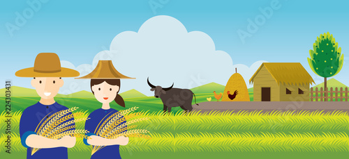 Thai Farmer with Rice and Paddy Field Background, Countryside Scene 