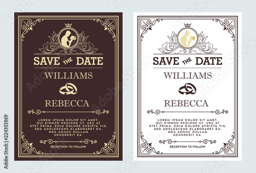 Luxurious wedding invitation, Vintage ornament greeting card vector template. Advertising or other design and place for text. Flourishes frame on background. Vector illustration