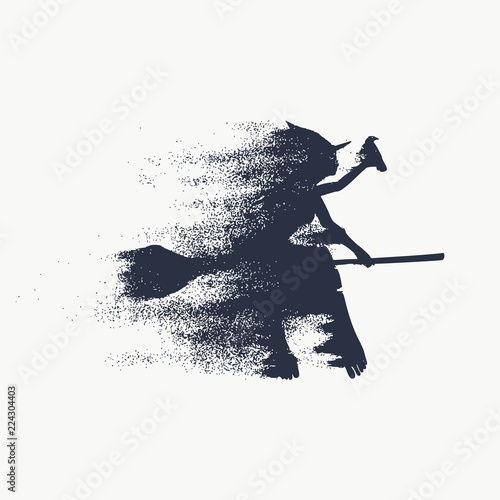 Illustration of flying young witch icon composed of particles. Witch silhouette on a broomstick. Raven sit on hand. Halloween relative image.