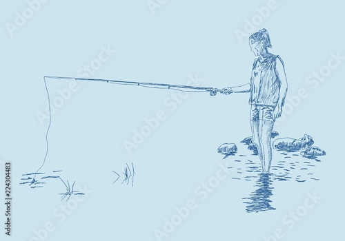 Young fishing woman on the river bank in the water resting on the nature. Hand drawn illustration