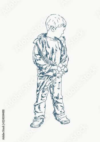 A cute little boy stand with flowers. Autumn season. Hand drawn illustration