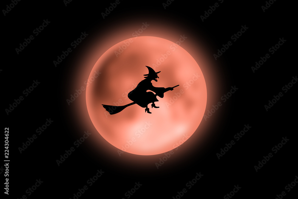 A witch with the broom flying with the moon in the background