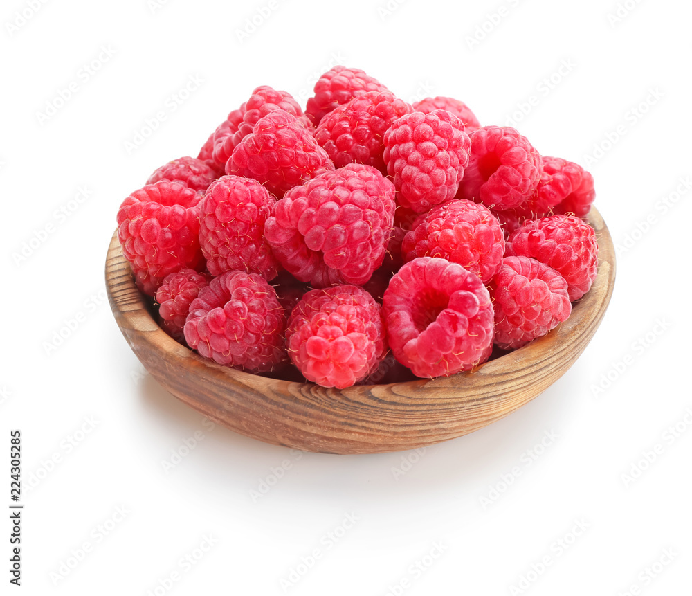 Bowl with ripe raspberries on white background Bowl with ripe raspberries on white background