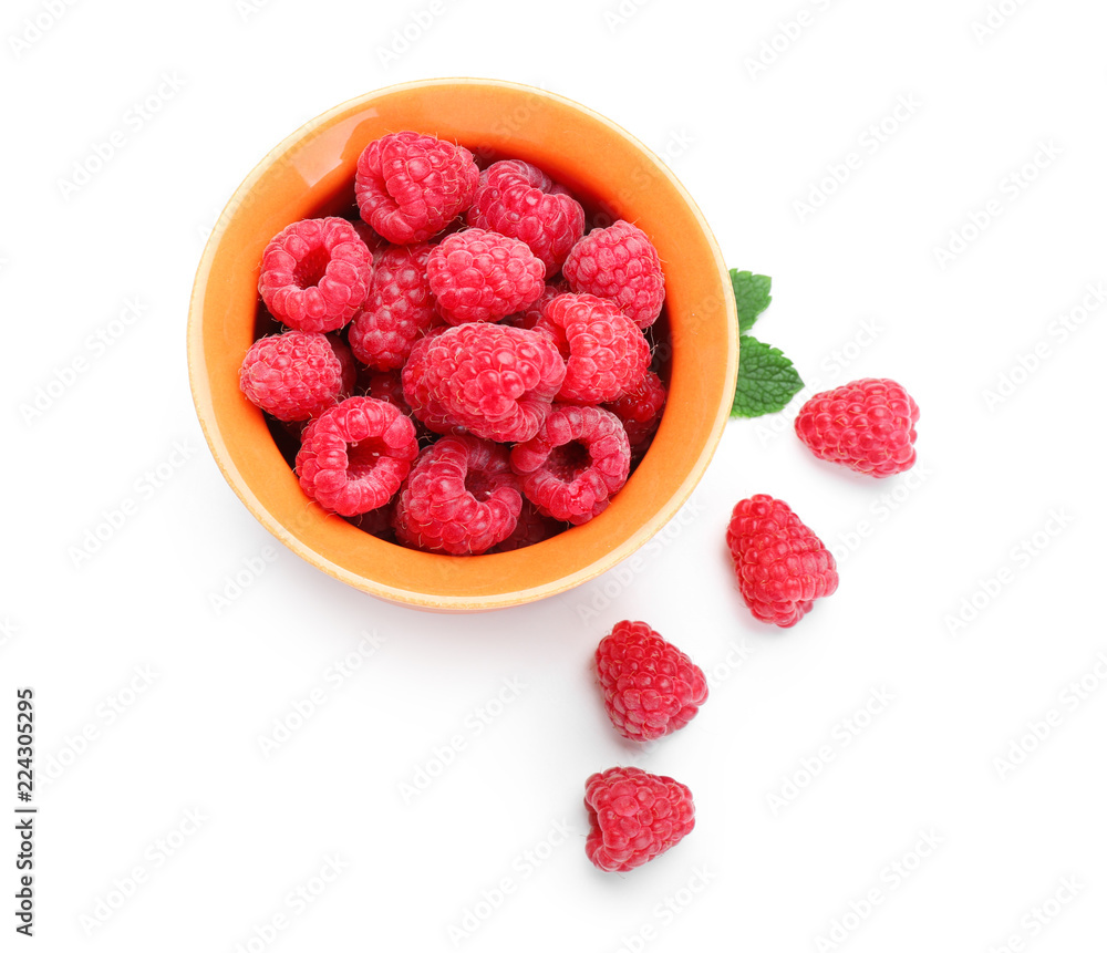 Bowl with ripe raspberries on white background Bowl with ripe raspberries on white background