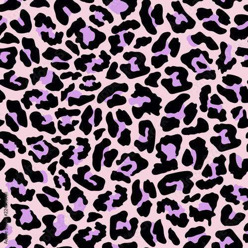 Leopard fur texture seamless pattern. Exotic animal design. Vector illustration background with pastel pink and purple colors.