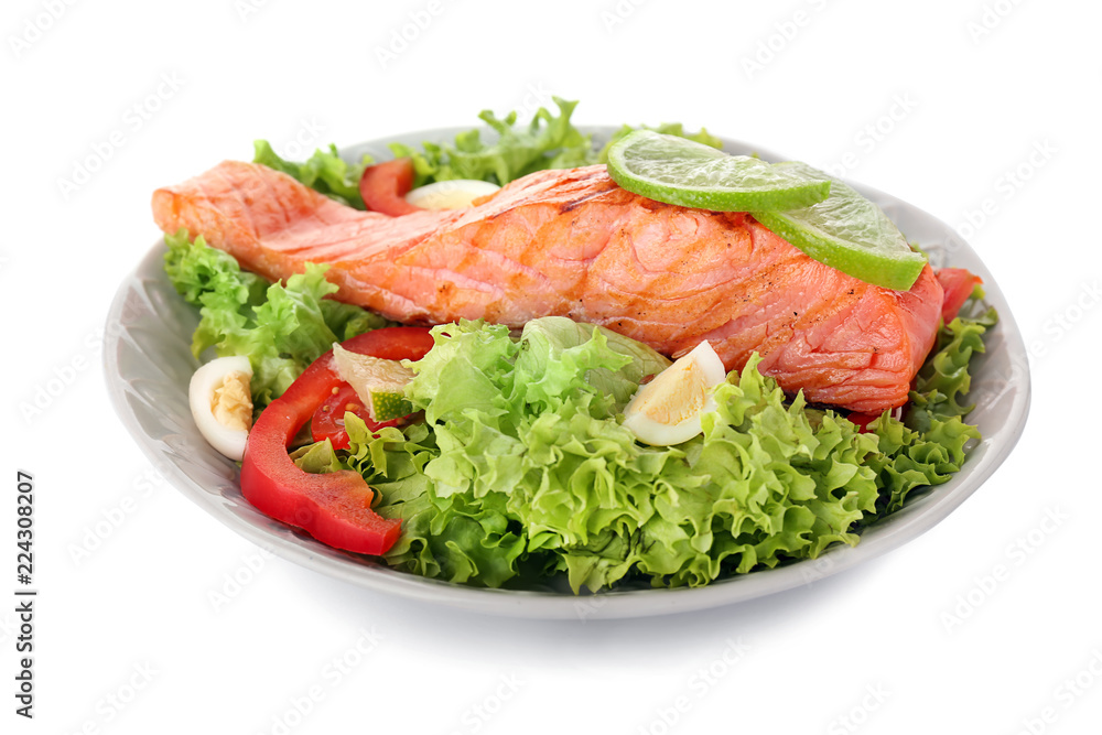 Plate with tasty salmon and fresh salad on white background Plate with tasty salmon and fresh salad on white background