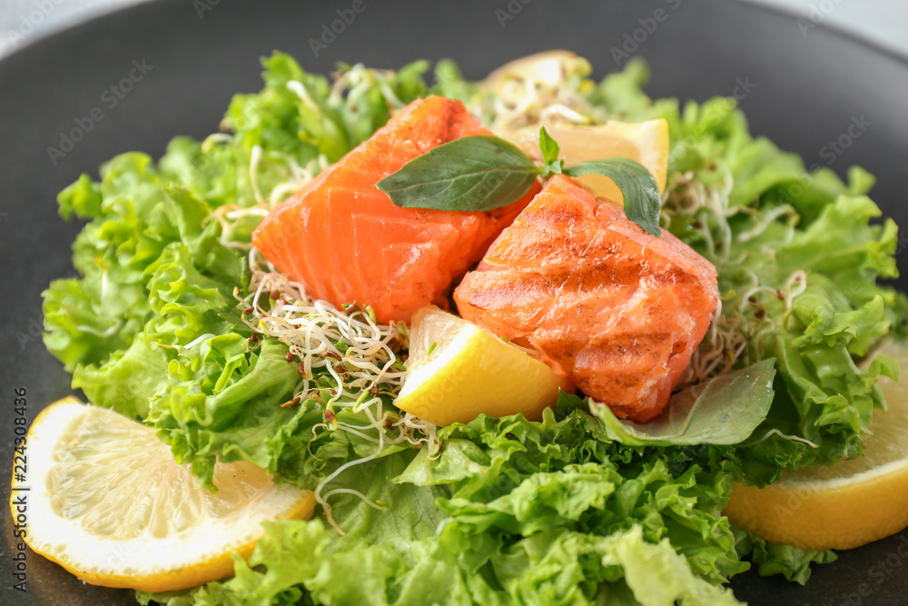 Healthy fresh salad with salmon on plate, closeup