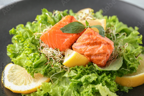 Healthy fresh salad with salmon on plate, closeup