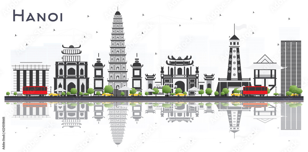 Hanoi Vietnam City Skyline with Gray Buildings and Reflections Isolated on White Background.