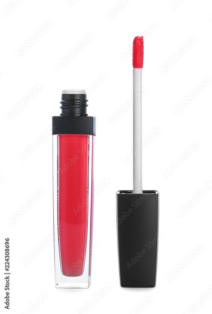 Obraz premium Liquid pink lipstick on white background