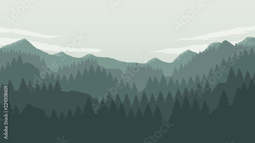 landscape with mountains, sky and woods