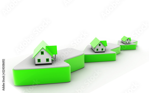3d rendered house and arrow graph. Growth in real estate isolated on a white background