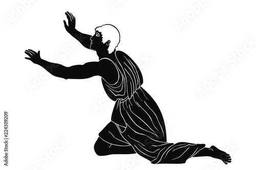 Ancient Greek man kneels stretches out his hands and prays.