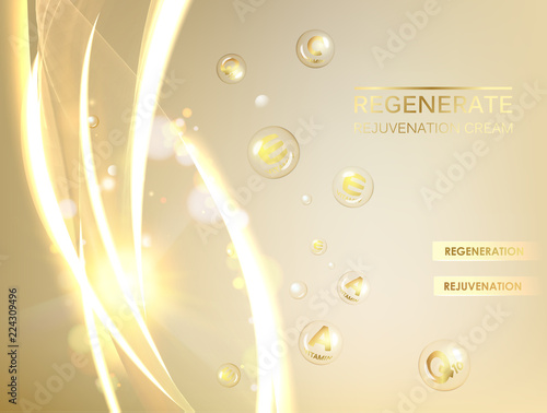 Science illustration of a cream molecule. Regenerate face cream and Vitamin complex concept. Organic cosmetic and skin care cream. Beauty skin care design over golden background. Vector illustration.