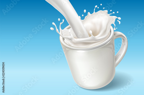 Fresh milk falling in ceramic cup with spatters