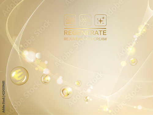Scince illustration of a DNA molecule. Regenerate face cream and Vitamin complex concept. Organic cosmetic and skin care cream. Beauty skin care design over golden backdrop. Vector illustration.