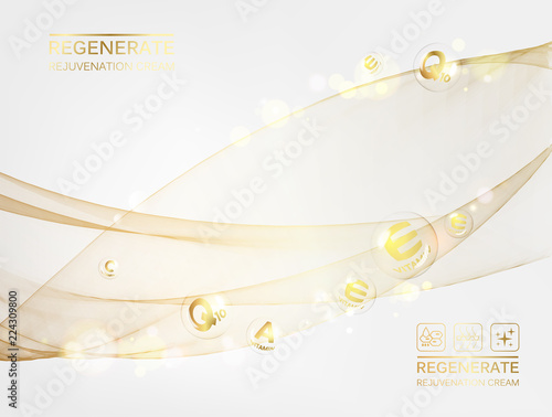 Science illustration of a cream molecule. Regenerate face cream and Vitamin complex concept. Organic cosmetic and skin care cream. Beauty skin care design over silver background. Vector illustration.