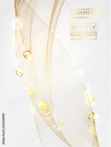 Science illustration of a cream molecule. Regenerate face cream and Vitamin complex concept. Organic cosmetic and skin care cream. Beauty skin care design over silver background. Vector illustration.